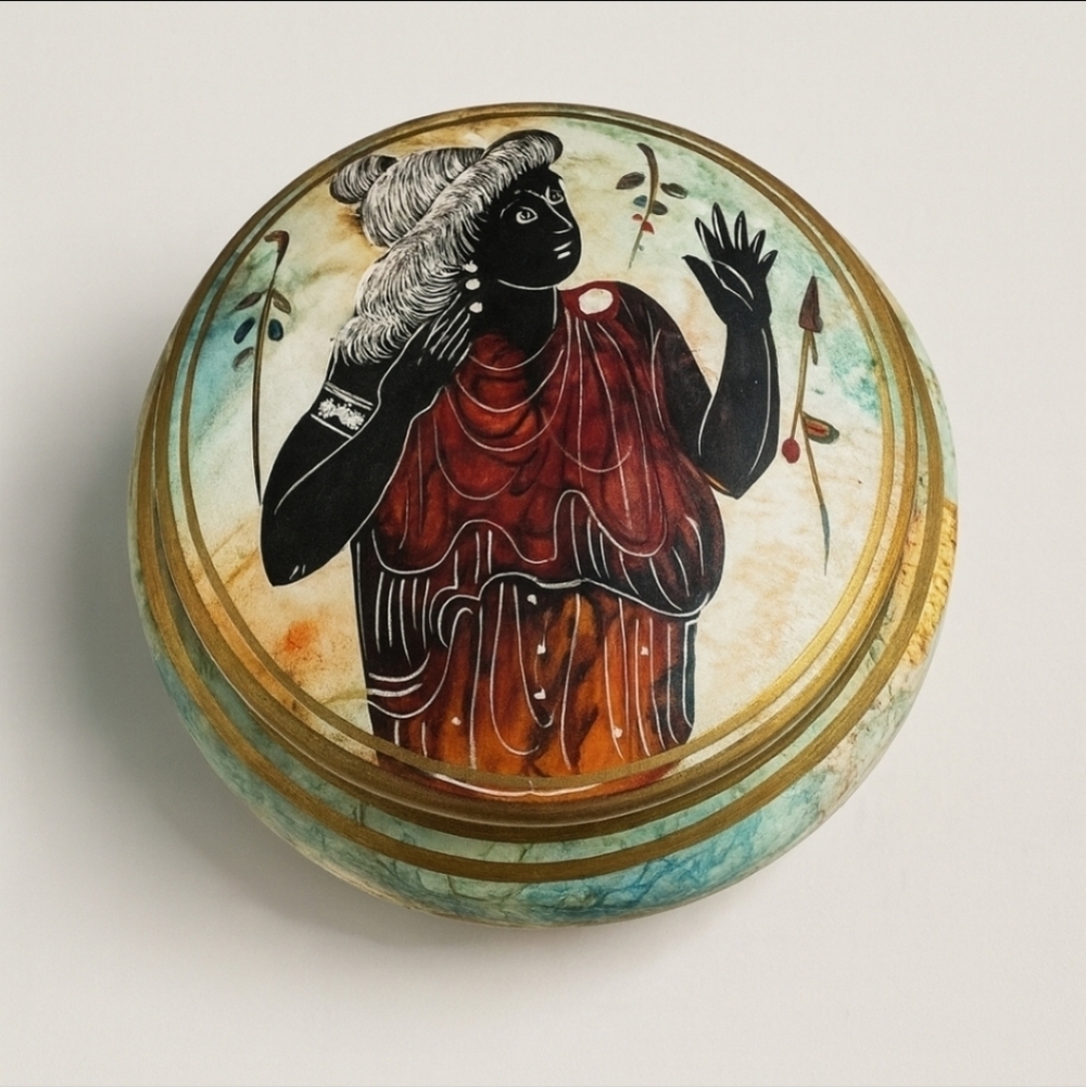 Vintage Greek Alabaster Hand Painted Trinket Box Jewelry Goddess Motif